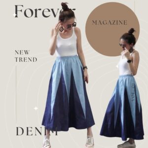 (นางแบบ ใส่ ชุด ขาย) Art Design Triangle 2 Tones DeNim Skirt กระโปรงยีนส์ สุดเก๋แต่งตัดผ้าแนวอาร์ตๆ