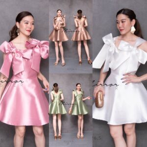 (NEWspecialPrice) ) v2 So CutE BoW Metallic DreSS สวยแบบตะโกน ชุดน่ารักๆ เดรสผ้าเงา ตัวสั้น ทรงสวิง สายผูกโบ