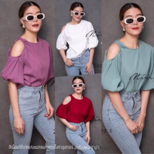 CH HoleN FluffY SleevE ToP เสื้อน่ารัก เสื้อแขนกระปุก ดีเทลเก๋ เสื้อเว้าไหล่ ข้างเดียว แมทช์ง่าย ผ้าดีกระดุมคอที่หลัง