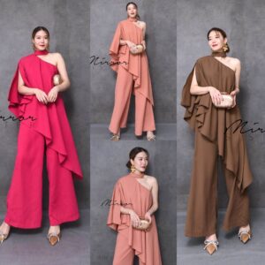 (นางแบบ ใส่ ชุด ขาย) Selfie sofy Single shoulder SET ชุด เซ็ต เสื้อไหล่เดียวคู่กางเกงขากระบอกใหญ่