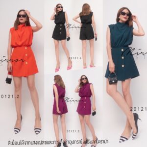 Twisted JuicY JumpsuiT จั้มสูทขาสั้น คอปีนจับทวิส ดีเทลเก๋ ช่วงกางเกงดีไซน์เหมือนกระโปรง แต่งกระดุมสี่เหลี่ยม