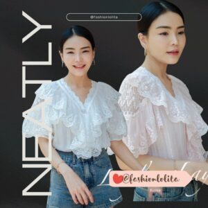 Sweet Lace Pearl Top เสื้อลูกไม้ แต่งระบายประดับมุก สวยหวานๆ ดีเทลน่ารัก เสื้อเว้าไหล่ แต่งผ้าซีทรู