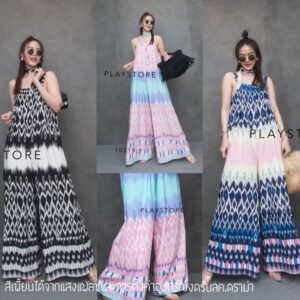 Mirror Sister Thai signature Jumpsuit จั้มสูท จั้มสูทขาบาน จั้มสูทลายไทย ลายสุดเก๋ลายซิกแซก ชุดติดกันผ้าพริ้ว ใส่สบาย