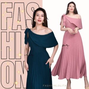 (PROMOTION) (นางแบบ ใส่ ชุด ขาย) Promenade semi-off shoulder pleat Dress เดรสพลีท เดรสปาดไหล่ ดีเทลสโลป ข้างนึงผูกโบว์