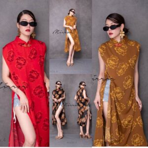 (นางแบบ ใส่ ชุด ขาย) Mei Li Mandarin Qipao Style Long Top สายหมวยสวยสับ เสื้อสไตล์กี่เพ้า เสื้อยาวคอจีน แขนกุด