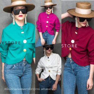 Desire Hana ToP เสื้อกระดุมต่าง เสื้อคอจีน สไตล์แบรนด์ดัง ดีเทลเก๋ ช่วงเสื้อด้านซ้ายจับจีบวอลุ่ม