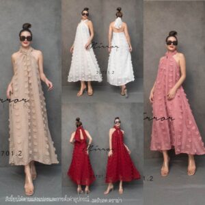 (PROMOTION) SX V3 LuxurY FluffY biT of SEXY MAXI DreSS เดรสไหล่ล้ำ เกินปุ้ยมุ้ย เดรสคล้องคอ ผ้ามีลายดอกไม้นูนปุยๆ