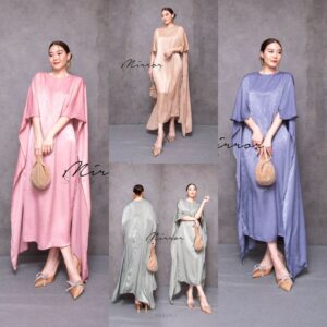 (NEWspecialPrice) (นางแบบ ใส่ ชุด ขาย) Luxury Long Poncho WinG Satin dress เดรสไปงาน ผ้าซาตินผสม แขนสั้น ทรงหลวม