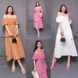 (นางแบบ ใส่ ชุด ขาย) Airelle Off-Shoulder Spaghetti Dress ใส่ยังไงก็น่ารัก! เดรสสายเดี่ยวเปิดไหล่