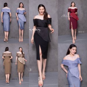 (NEWspecialPrice) (นางแบบ ใส่ ชุด ขาย) LX V2 Proud Me Seethrough Dress เดรสทรงตรง เว้าไหล่ ด้านบนเป็นผ้าซีทรู
