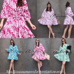 V1 ColorfuL PartY CutieS DreSS เดรสสั้นทรงน่ารัก พร้อมเชือกถักผูกเอวเก๋ๆ เดรสทรงบาน ชายล่างบานระบายเด้งๆ ลายสดใสสุดคิ้ว