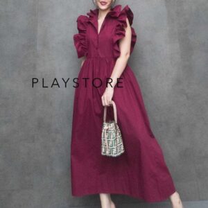 ️ ️ ️ ️ V2 Jaunna Red Cherry WomenitY Maxi Dress เดรสคอระบาย แสนหวาน เดรสยาว ผ้าคอตตอนสีพื้น เดรสแขนระบาย สุดเก๋