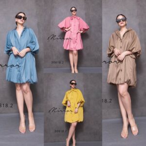 (นางแบบ ใส่ ชุด ขาย) V1 Korean bow balloon Mini Dress เดรสสั้น มีสายผูก ผูกเป็นโบว์ตรงคอหรือเอวก้อได้ เดรสทรงบอลลูน