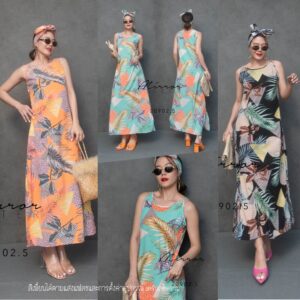 V1 VC LeaF Maxi DreSS oN ChiLL DaY เดรสยาว แขนกุด เดรสลายใบไม้ สุดเก๋ เดรสหุ่นเพรียว ไปทะเลหรือทริปไหนๆก้อสดใส
