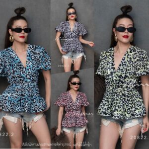 V2 AM LeOparD Sexy PleaT ToP เสื้ออัดพลีท เสื้อลายเสือ เซ็กซี่เบาๆ เสื้อเผ็ขๆ เสื้อพลีท คอวี แขนระบาย