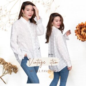 (นางแบบ ใส่ ชุด ขาย) (Whitetheme) v1 Snow Whip 3D FloweR Vintage white shirt เสื้อเชิ้ตสีขาว เสื้อลูกไม้สีขาว ผ้าปักดอก
