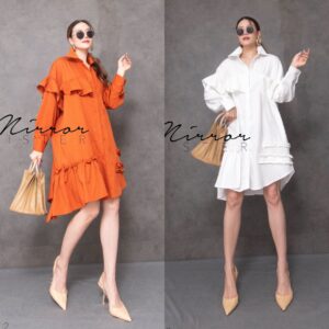 (นางแบบ ใส่ ชุด ขาย ) X Korean Minji Asym FRiLL SHiRT DReSS เดรสเชิ้ต เดรสทรงหลวม สุดเก๋ แต่งระบาย