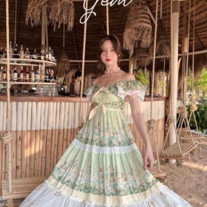 (นางแบบ ใส่ ชุด ขาย) Matcha MermaiD Maxi DreSS BLT Brand เดรสยาวสีมัทชะพริ้วปลิวสวย ปาดไหล่แอบเซ็กซี่เบาๆ เข้ารูปใต้อก