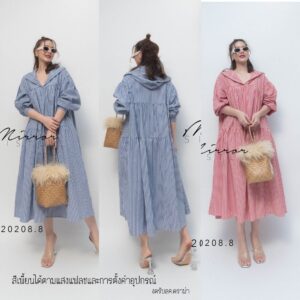(PROMOTION) V2 LoosE HoodiE in Chill OuT DaY DreSS ในวันสบายๆ เดรสลายริ้ว มีฮูดเก๋ๆ ช่วงอกมีกระดุม เดรสทรงหลวม