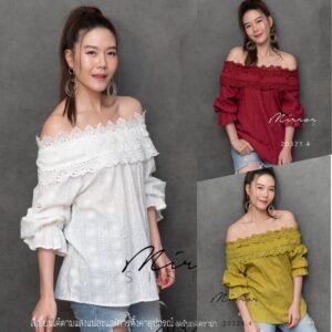 V2 SW SweeT SeaSoN Off-shoulder Top เสื้อปาดไหล่ เสื้อหวานๆน่ารัก ช่วงอกแต่งผ้าลูกไม้ฉลุดอกไม้ สวยน่ามอง แมทช์ง่าย