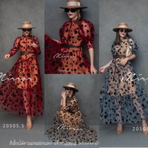 v2 VelVeT Gypso FloweR GardeN Maxi DreSS พร้อมเข็มขัด เดรสยาวผ้าซีทรู ผ้าเนื้อนุ่มไม่คัน เดรสลายดอกกำมะหยี่