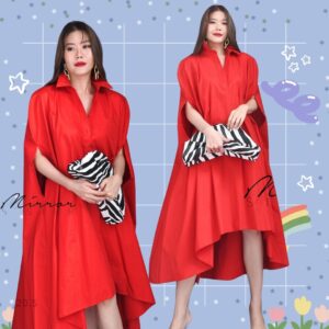 (นางแบบ ใส่ ชุด ขาย) VAL Malibu Red Batty Shirt Dress เดรสเก๋ สวยมีลุค!! เดรสเชิ้ตทรงค้าวคาว ดูโดดเด่นมีสไตล์