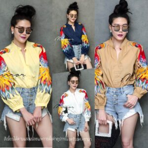 PeacocK Like a FiRe ToP เสื้อปักลายนกยูง สวยเก๋ ปักแขนสีสวยเด่น เสื้อคอวีปีน แมทช์ง่าย ใส่กับอะไรก้อแกรนด์ เสืองานปัก