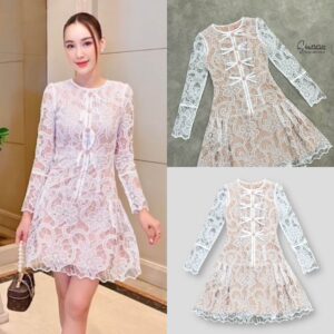 (นางแบบ ใส่ ชุด ขาย) White Lace Mini Dress มินิเดรส เดรสลูกไม้ ตัดด้วยซับในสีเบจ เพิ่มความสวยโดดเด่นให้กับลายลูกไม้