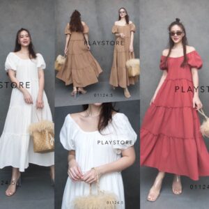 v1 Babies So YounG Maxidress เดรสยาว เดรสชั้นๆ ชายบาน เดรสยาวแขนตุ๊กตา พองน่ารัก คอรูดยางใส่แบบเปิดไหล่ได้ใส่ไปทะเล