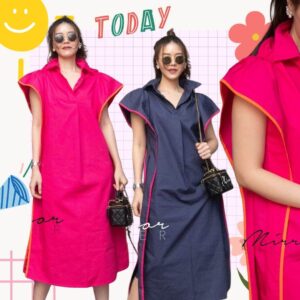 V2 CH 2ToneS MinimaL SporTY Shirt Dress เดรสเชิ๊ต เดรสมินิมอล เก๋ แขนระบายกุ๊นสลับสี แขนสั้นใส่สบาย ดีไซน์เก๋ๆ