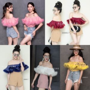 ( Cover Girl with Iconic Feather Top สวยยืนหนึ่ง!! เสื้อขนนก ใส่ได้หลายแบบ ใส่แบบปาดไหล่ ไหล่เดี่ยว หรือเกาะอกก้อได้
