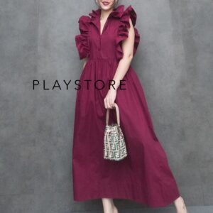 (MegaSALE) V2 Red Cherry WomenitY Maxi Dress เดรสคอระบาย แสนหวาน เดรสยาว ผ้าคอตตอนสีพื้น เดรสแขนระบาย สุดเก๋