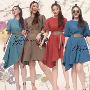 (PROMOTION) (นางแบบ ใส่ ชุด ขาย) Burnaby Womenity Dress พร้อมเข็มขัดเข้าชุด เดรสสั้นทรงน่ารัก ชุดเดรสแขนตุ๊กตา