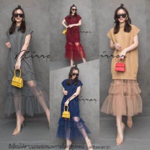 V1 VC Chic StreeT Wear MinimaL StylE เดรสทรงเก๋ มินิมอลเบาๆ ผ้าร่องเนื้อดีจั้มเปอร์ ต่อชายผ้าโปร่ง เพิ่มความเก๋
