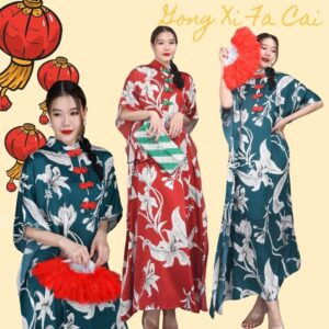 (นางแบบ ใส่ ชุด ขาย) Fang Jing Li Mandarin Style Qipao Maxi Dress กี่เพ้าโมเดิร์น เดรสสไตล์แมนดาริน แต่งกระดุมจีน