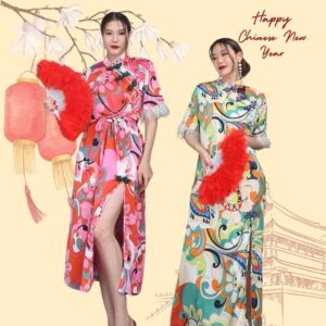 Qipao Feather Mandarin Fusion Bohemian Style DReSS เดรสกี่เพ้า แต่งขนนก คอจีนกระดุมขดสไตล์แมนดาริน สวยใส่เทศกาลตรุษจีน