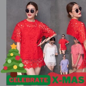 (ธีม X-Mas) V2 XM SwAN iN LakE LacE ToP เสื้อลูกไม้ เสื้อคลุมสะโพก ผ้าลูกไม้ ขอบแต่งหยัก พร้อมเสื้อซับใน ปรับสายได้