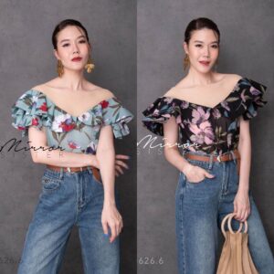 QueeN of FloweR Seethrough Top เสื้อซีทรู ช่วงอกระบาย เหมือนใส่ปาดไหล่แต่ไม่โป๊ ผ้าลายดอก แต่งแต้มสีทองประกาย