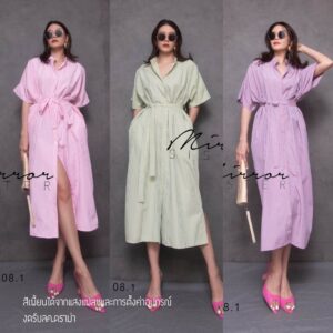 V1 ChiC Basic CandY STRipe DReSS เดรสลายริ้ว เดรสคอปีน กระดุมผ่าหน้า เดรสแขนสั้น ทรงหลวม มีผ้าผูกมีกระเป๋าล้วงสองข้าง
