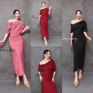 Rosey Rose SHouLDER DReSS เดรสปาดไหล่ ไหล่ตก แต่งเข็มกลัดดอกไม้ กุหลาบ ติดได้ตามต้องการ กระโปรงทรงสอบ สวยเพรียว