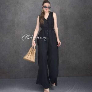 (ชุดขาวดำ) BW WOWWA Retro Vintage Glamp Jumpsuit จั้มสูทผู้หญิงสีดำ จั้มสูทขายาวคอวี จั้มสูทแขนกุดทรงขากระบอก
