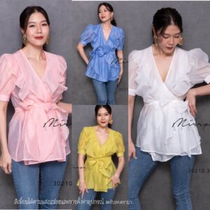 SW miniseethrough X Frill ToP เสื้ออกไขว้ มีสายผูกโบว์ที่เอว เสื้อแต่งระบาย ผ้าซีทรูเบาๆ สีหวานพาสเทล เสื้อแขนตุ๊กตา