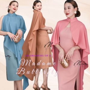 (PROMOTION) (นางแบบ ใส่ ชุด ขาย) Lucy Madame Butterfly Dress & Ponchoเซ็ตสองชิ้น ผ้าคลุมไหล่ แยกใส่ได้