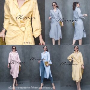 GP Stripe SecreT SmaRt Shirt DreSSใส่แล้วเพรียว เดรสเชิ๊ตลายริ้วทางลง กระดุมผ่าหน้า เก๋ที่ช่วงเอว มีกระดุมเพิ่มดีไซน์