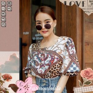 CC chain leopard top เสื้อลายเสือ เสื้อลายลูกน้ำ พันโซ่ เสื้อคอเหลี่ยม ผ้าใส่สบายพริ้วๆ แขนพวง