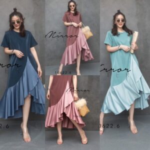 LX Instinct Look DreSS เดรสแขนสั้น ผ้าตัวเสื้อนิ่มไม่หนาใส่สบายสีเหลือบเบาๆ เข้ากันกันชายระบายเนื้อซาติน