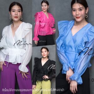SW SweeT V VaVa OrganZa Top เสื้อผ้าออแกนซ่า งานสวย ผ้าไม่คัน ดีไซน์เก๋ เสื้อคอวี ไขว้ทับกันแต่งระบายช่วงไหล่น่ารัก