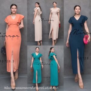 SM ShaPe oF FemininE DreSS เดรสสวยสง่า เดรสเข้ารูป คอวีแขนระบาย เดรสทรงตรงผ่าหน้าสูง เดรสรัดรูป ผ้าดี ทรงสวย ซิปหลัง