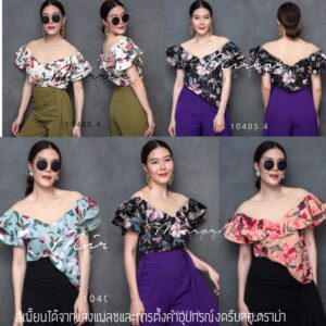 Mirror Sister FW QueeN of FloweR เสื้อซีทรู ช่วงอกระบาย เหมือนใส่ปาดไหล่แต่ไม่โป๊ ผ้าลายดอก แต่งแต้มสีทองประกาย สวยเก๋