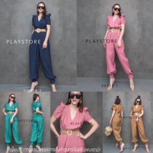 VC PuffY MiNiHaReM JumpsuiT จั้มสูท กางเกงทรงขาจั้มน่ารัก จั้มสูทขายาว คอวี แขนสั้นไหล่ยก พร้อมเข็มขัด จั้มสูทสุดชิค